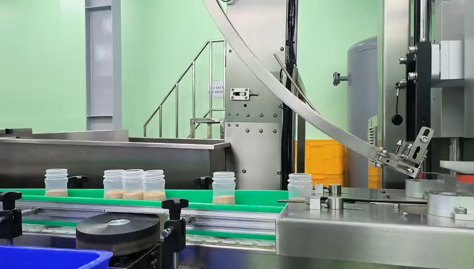 Filled seasoning salt bottles approaching the cap feed on the project line