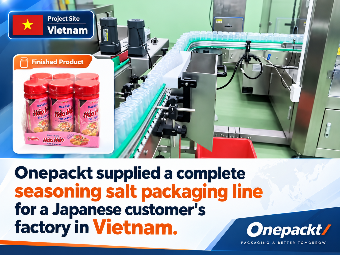 Onepackt supplied a complete seasoning salt packaging line for a Japanese customer's factory in Vietnam.